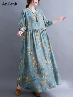 Long Sleeve O-Neck Floral Vintage Spring Autumn Blue Dresses For Women 2026 Casual Loose Elegant Office Lady Dress Femme Clothes