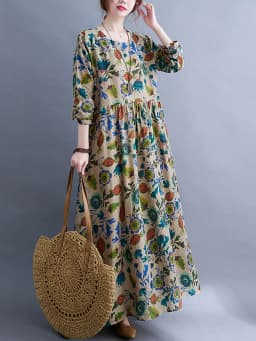 Long Sleeve O-Neck Floral Vintage Spring Autumn Blue Dresses For Women 2026 Casual Loose Elegant Office Lady Dress Femme Clothes