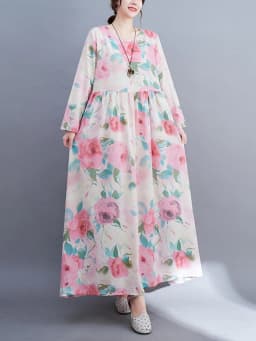 Long Sleeve O-Neck Floral Vintage Spring Autumn Blue Dresses For Women 2026 Casual Loose Elegant Office Lady Dress Femme Clothes