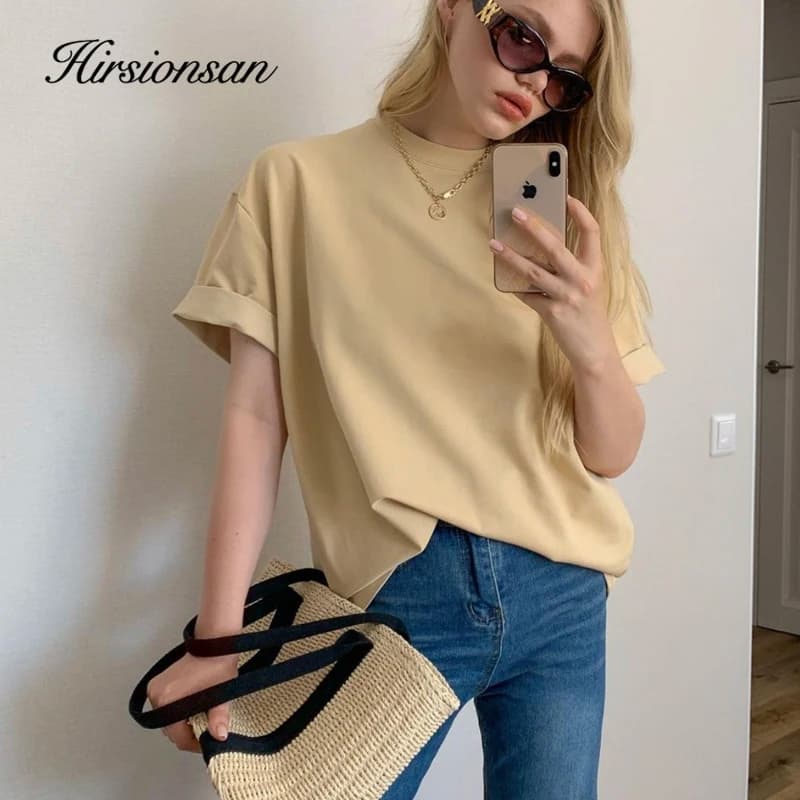 Hirsionsan Casual Cotton Basic T-Shirt Women Soft Oversized Solid Color Female Tees Harajuku Elegant Ladies Summer Tops Green