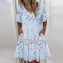 Casual Ruffles Loose V-Neck Dress Women Summer Short Sleeve Floral Print Woman Dress 2024 Fashion White Beach Dresses
