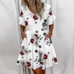 Casual Ruffles Loose V-Neck Dress Women Summer Short Sleeve Floral Print Woman Dress 2024 Fashion White Beach Dresses