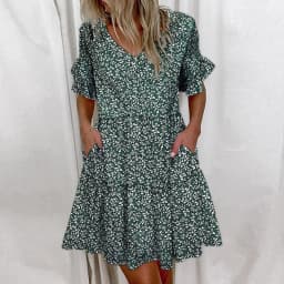 Casual Ruffles Loose V-Neck Dress Women Summer Short Sleeve Floral Print Woman Dress 2024 Fashion White Beach Dresses