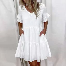 Casual Ruffles Loose V-Neck Dress Women Summer Short Sleeve Floral Print Woman Dress 2024 Fashion White Beach Dresses
