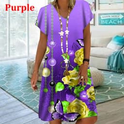 Plant Flowers Colorful 3D Printing Dress For Summer 2022 Women Vintage Short Sleeve Loose Dress Casual V-Neck Oversized Clothin