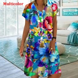 Plant Flowers Colorful 3D Printing Dress For Summer 2022 Women Vintage Short Sleeve Loose Dress Casual V-Neck Oversized Clothin
