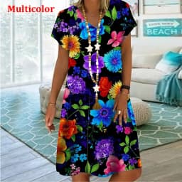 Plant Flowers Colorful 3D Printing Dress For Summer 2022 Women Vintage Short Sleeve Loose Dress Casual V-Neck Oversized Clothin