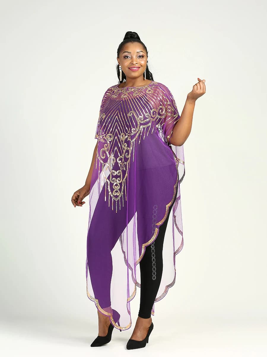 Spring 2024 New African Women's Fashion Gown Chiffon Batwing Sleeve Sequins And Fringes Loose Versatile Dress With Free Size