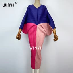 plissado mulher vestido hit cor v colarinho batwing manga longa solta bezerro vestidos de comprimento longo estilo casual 2021