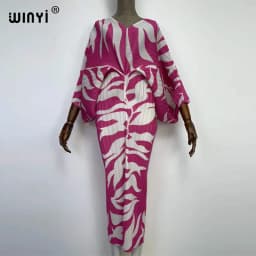 plissado mulher vestido hit cor v colarinho batwing manga longa solta bezerro vestidos de comprimento longo estilo casual 2021