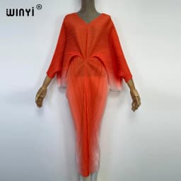 plissado mulher vestido hit cor v colarinho batwing manga longa solta bezerro vestidos de comprimento longo estilo casual 2021