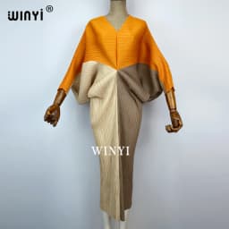 plissado mulher vestido hit cor v colarinho batwing manga longa solta bezerro vestidos de comprimento longo estilo casual 2021