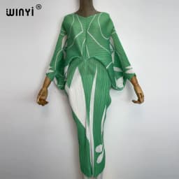 plissado mulher vestido hit cor v colarinho batwing manga longa solta bezerro vestidos de comprimento longo estilo casual 2021