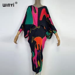 plissado mulher vestido hit cor v colarinho batwing manga longa solta bezerro vestidos de comprimento longo estilo casual 2021
