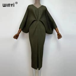 plissado mulher vestido hit cor v colarinho batwing manga longa solta bezerro vestidos de comprimento longo estilo casual 2021