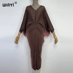 plissado mulher vestido hit cor v colarinho batwing manga longa solta bezerro vestidos de comprimento longo estilo casual 2021