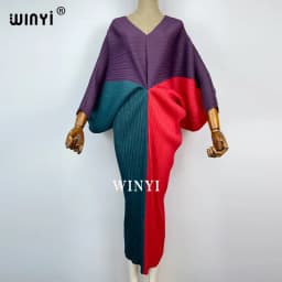 plissado mulher vestido hit cor v colarinho batwing manga longa solta bezerro vestidos de comprimento longo estilo casual 2021