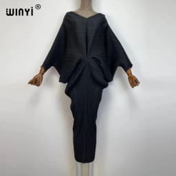 plissado mulher vestido hit cor v colarinho batwing manga longa solta bezerro vestidos de comprimento longo estilo casual 2021