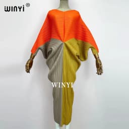 plissado mulher vestido hit cor v colarinho batwing manga longa solta bezerro vestidos de comprimento longo estilo casual 2021