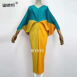 plissado mulher vestido hit cor v colarinho batwing manga longa solta bezerro vestidos de comprimento longo estilo casual 2021