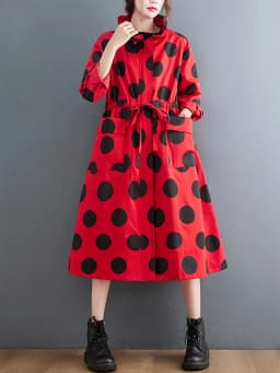 2026 Autumn Winter Oversized Polka Dot Long Trench Coat For Women Clothes Stand Collar Drawstring Fashion Casual Loose Outerwear