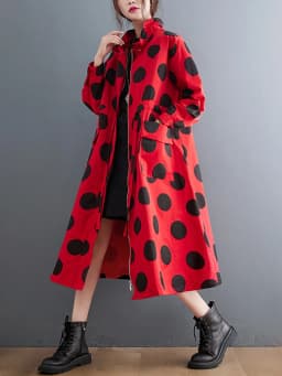 2026 Autumn Winter Oversized Polka Dot Long Trench Coat For Women Clothes Stand Collar Drawstring Fashion Casual Loose Outerwear
