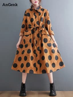 2026 Autumn Winter Oversized Polka Dot Long Trench Coat For Women Clothes Stand Collar Drawstring Fashion Casual Loose Outerwear
