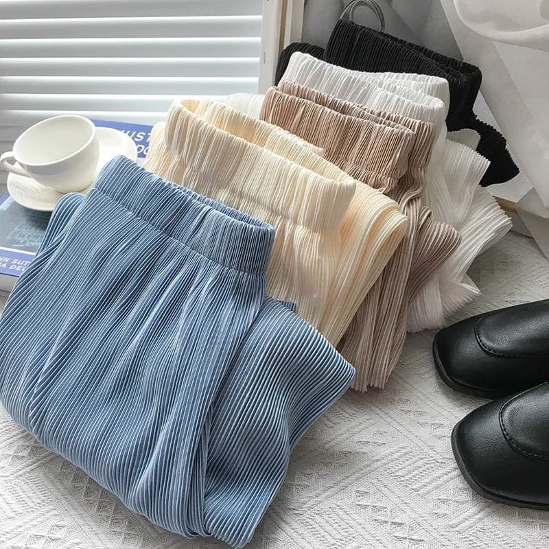 Women Wide Leg Pants High Waist Casual Chiffon Ice Silk Long Pants Bohemian Pleated Trousers Plus Size Women Clothing