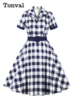Tonval Women Cotton Rockabilly Vintage Belt Dress Turn-Down Collar Short Sleeve A-Line Summer Dresses Solid and Plaid