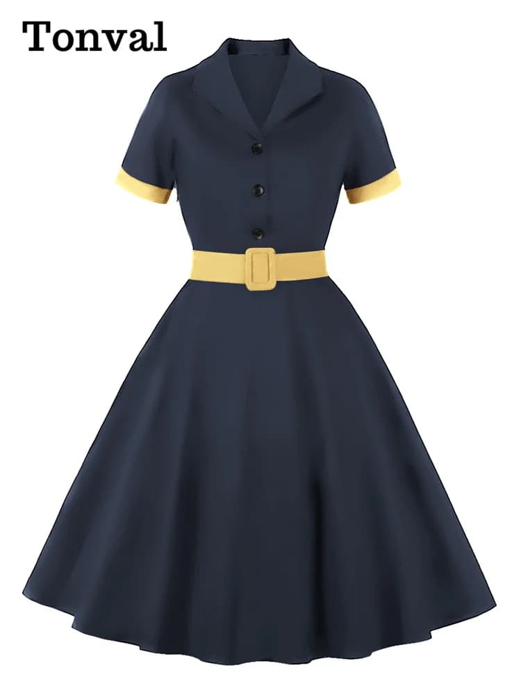 Tonval Women Cotton Rockabilly Vintage Belt Dress Turn-Down Collar Short Sleeve A-Line Summer Dresses Solid and Plaid