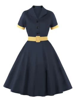 Tonval Women Cotton Rockabilly Vintage Belt Dress Turn-Down Collar Short Sleeve A-Line Summer Dresses Solid and Plaid
