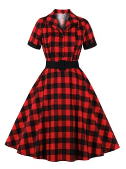 Tonval Women Cotton Rockabilly Vintage Belt Dress Turn-Down Collar Short Sleeve A-Line Summer Dresses Solid and Plaid