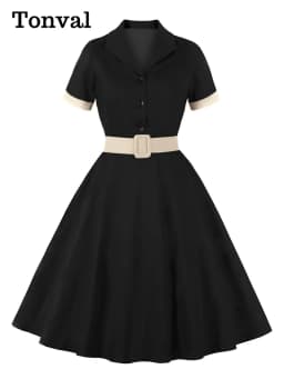 Tonval Women Cotton Rockabilly Vintage Belt Dress Turn-Down Collar Short Sleeve A-Line Summer Dresses Solid and Plaid