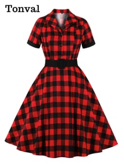 Tonval Women Cotton Rockabilly Vintage Belt Dress Turn-Down Collar Short Sleeve A-Line Summer Dresses Solid and Plaid