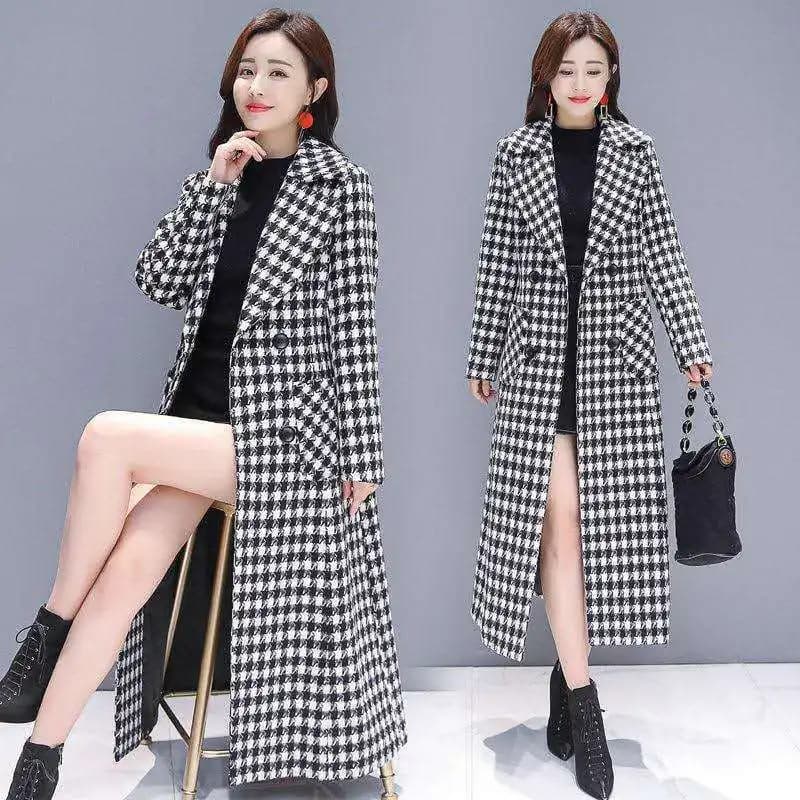 2026 Fashion Spring Plaid Woolen Jacket Ladies Clothing Elegant Slim Temperament Long Outwear Windproof Women Windbreaker Coats