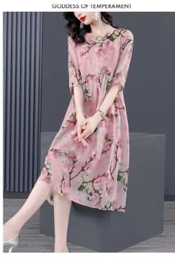 Women Pink Floral Mulberry Silk Midi Dress Summer New Elegant Loose Waist Plus Size Dress 2024 Korean Vintage Casual Party Dress