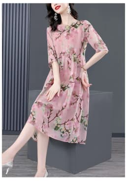 Women Pink Floral Mulberry Silk Midi Dress Summer New Elegant Loose Waist Plus Size Dress 2024 Korean Vintage Casual Party Dress
