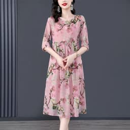 Women Pink Floral Mulberry Silk Midi Dress Summer New Elegant Loose Waist Plus Size Dress 2024 Korean Vintage Casual Party Dress