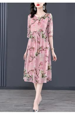 Women Pink Floral Mulberry Silk Midi Dress Summer New Elegant Loose Waist Plus Size Dress 2024 Korean Vintage Casual Party Dress