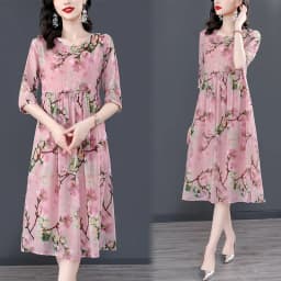 Women Pink Floral Mulberry Silk Midi Dress Summer New Elegant Loose Waist Plus Size Dress 2024 Korean Vintage Casual Party Dress