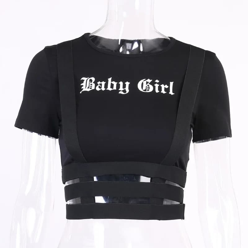 Streetwear 2021 Punk Hollow Out Black T Shirt Harajuku Goth Letter Print Bodycon Short Sleeve Top Women Sexy Basic Crop Tops
