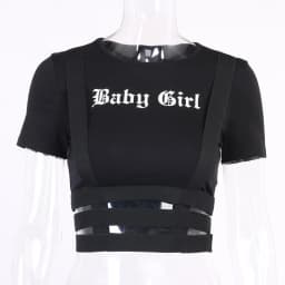 Streetwear 2021 Punk Hollow Out Black T Shirt Harajuku Goth Letter Print Bodycon Short Sleeve Top Women Sexy Basic Crop Tops