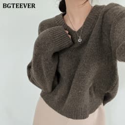 BGTEEVER Casual V-neck Warm Knitted Sweaters for Women Long Sleeve Loose Female Pullovers Jumpers Autumn Winter