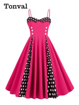 Tonval Sweetheart Neck Spaghetti Strap Double Breasted Long Dress 50s Pinup Vintage Polka Dot Women Party Sexy Dresses