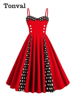 Tonval Sweetheart Neck Spaghetti Strap Double Breasted Long Dress 50s Pinup Vintage Polka Dot Women Party Sexy Dresses