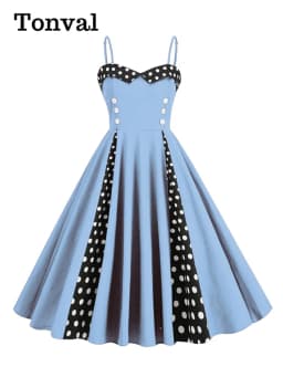 Tonval Sweetheart Neck Spaghetti Strap Double Breasted Long Dress 50s Pinup Vintage Polka Dot Women Party Sexy Dresses