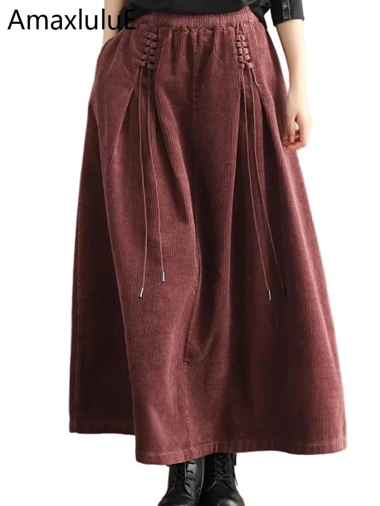 Amax luluE Chinese Fashion Winter Clothes Womens Elegant Loose Corduroy Skirts Ladies Leisure Vintage Elastic Waist Streetwear