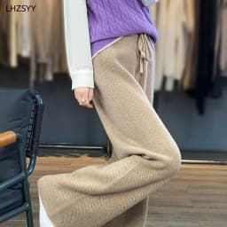 LHZSYY Autumn Winter New 100%Pure Wool Wide-Leg Pants Women' High-Waist Korean Straight Leg Pants Loose Wear Cashmere Knit Pants