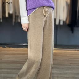LHZSYY Autumn Winter New 100%Pure Wool Wide-Leg Pants Women' High-Waist Korean Straight Leg Pants Loose Wear Cashmere Knit Pants