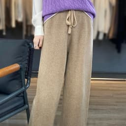 LHZSYY Autumn Winter New 100%Pure Wool Wide-Leg Pants Women' High-Waist Korean Straight Leg Pants Loose Wear Cashmere Knit Pants